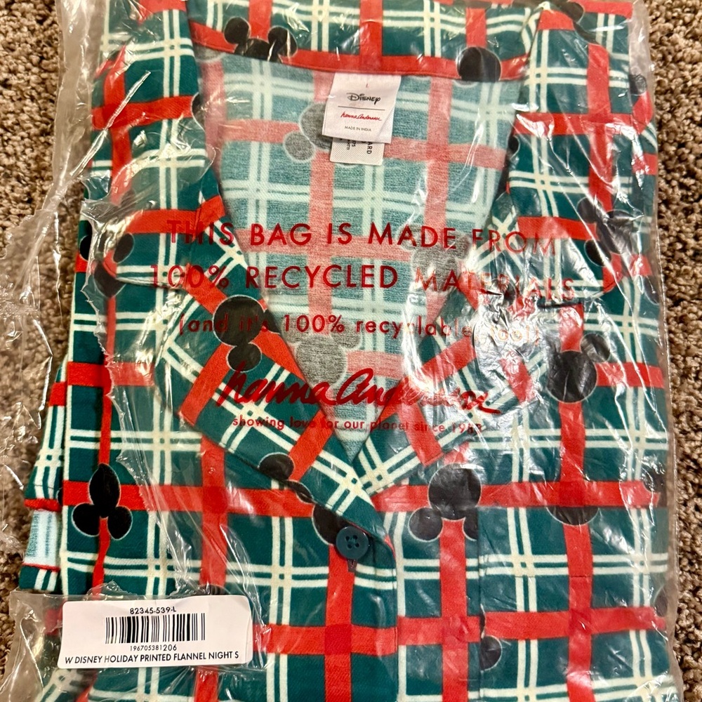 Disney Festive Plaid Flannel Nightshirt Women’s Large Hanna Andersson
